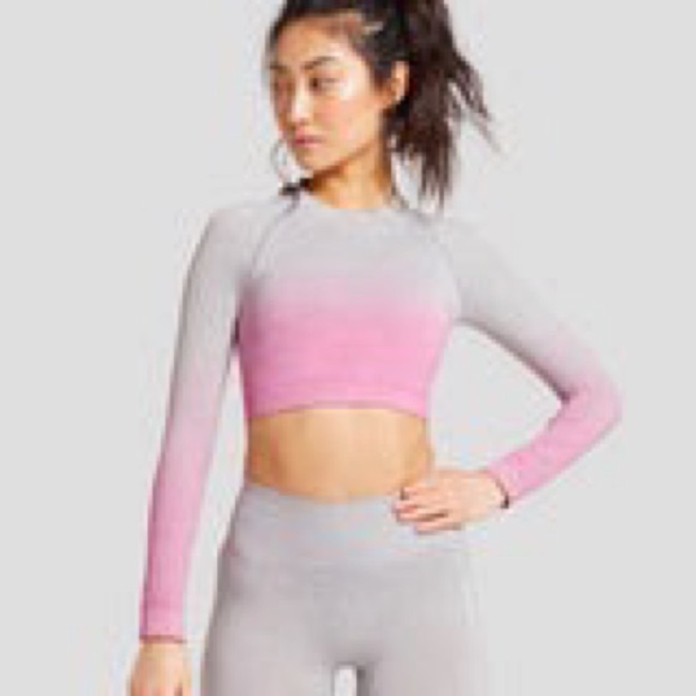 Gymshark Adapt Ombre Seamless Long Sleeve Crop Top - Light Grey Marl/Pink